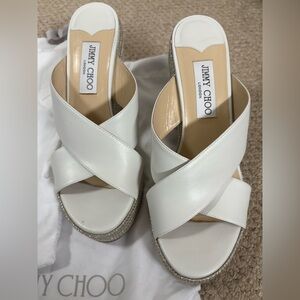 Jimmy Choo White & Sparkle Espadrille Wedge Sandals